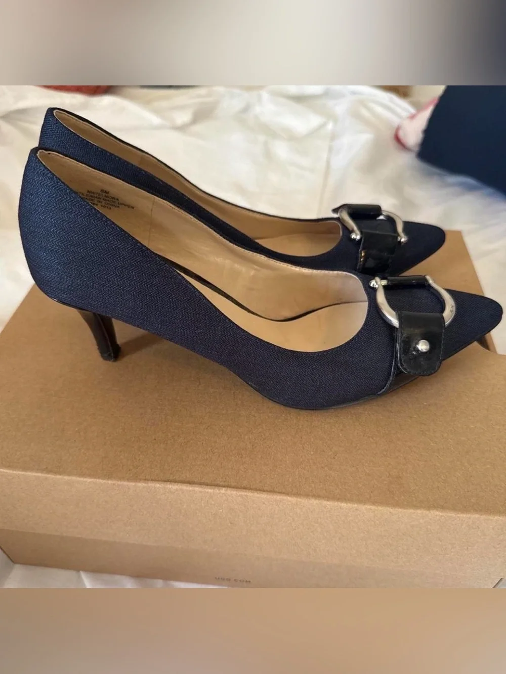 Nine West Women's Navy Pointed Toe Buckle Heels
